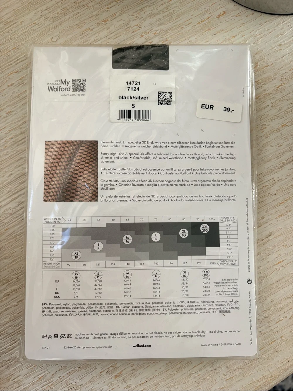 NWT Wolford Night Sparkle Tights Black/Silver Size S